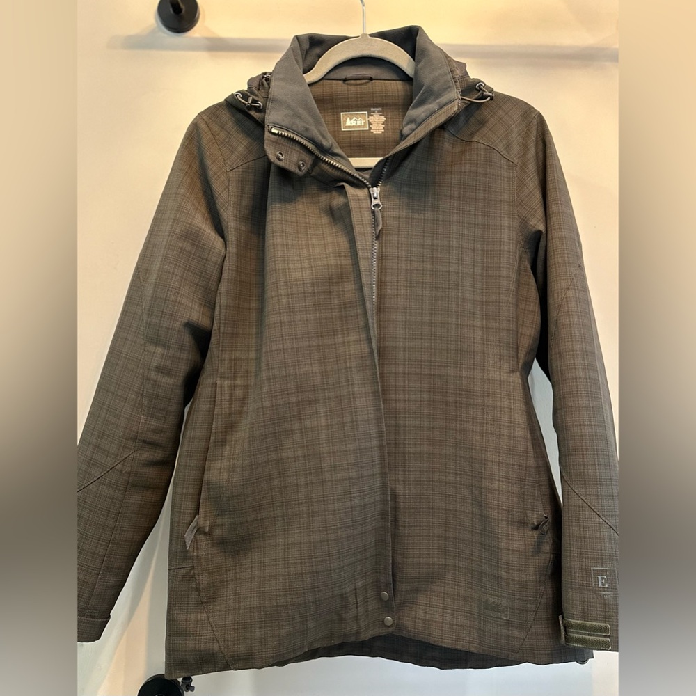REI Women's Plaid Black/Gray E1 Elements Hooded Jacket